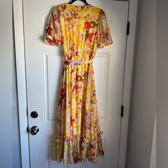 Calvin Klein Fall Pallet Chiffon Maxi Dress yellow Floral Print size 6 - Picture 7 of 7